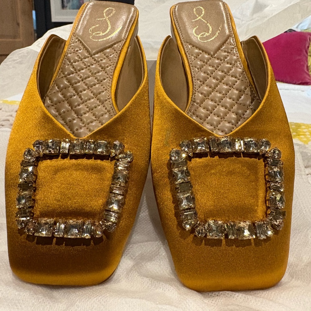 Sam Edelman Yellow Satin Mules with Crystal Buckle
